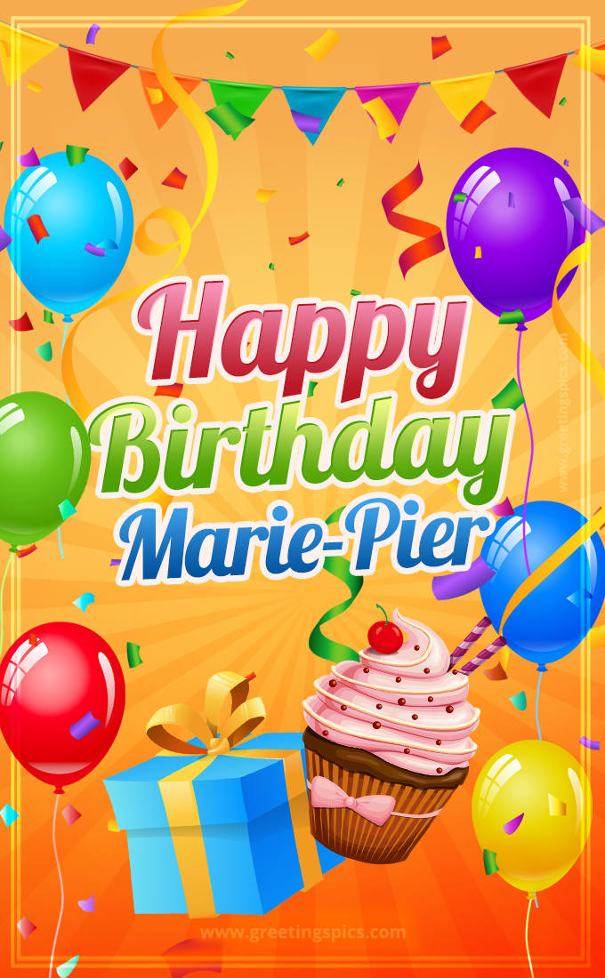 Happy Birthday Marie-Pier eCard with gift box and cupcake (tall rectangle shape picture)