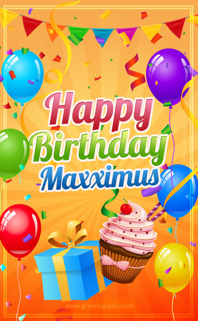 Happy Birthday Maxximus eCard with gift box and cupcake (tall rectangle shape picture)