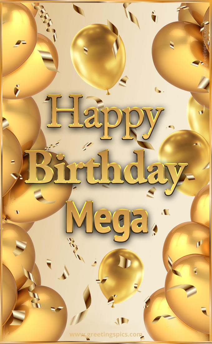 Happy Birthday Mega Card with golden confetti and balloons (tall rectangle shape picture)