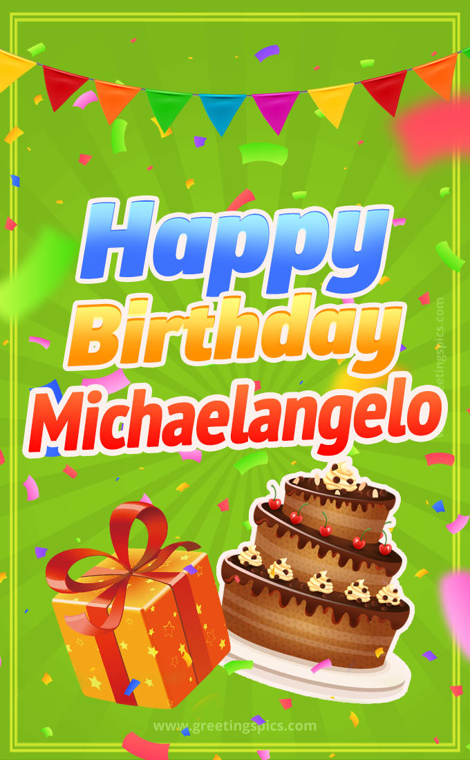 Happy Birthday Michaelangelo picture with flags, chocolate cake and gift box (tall rectangle shape picture)