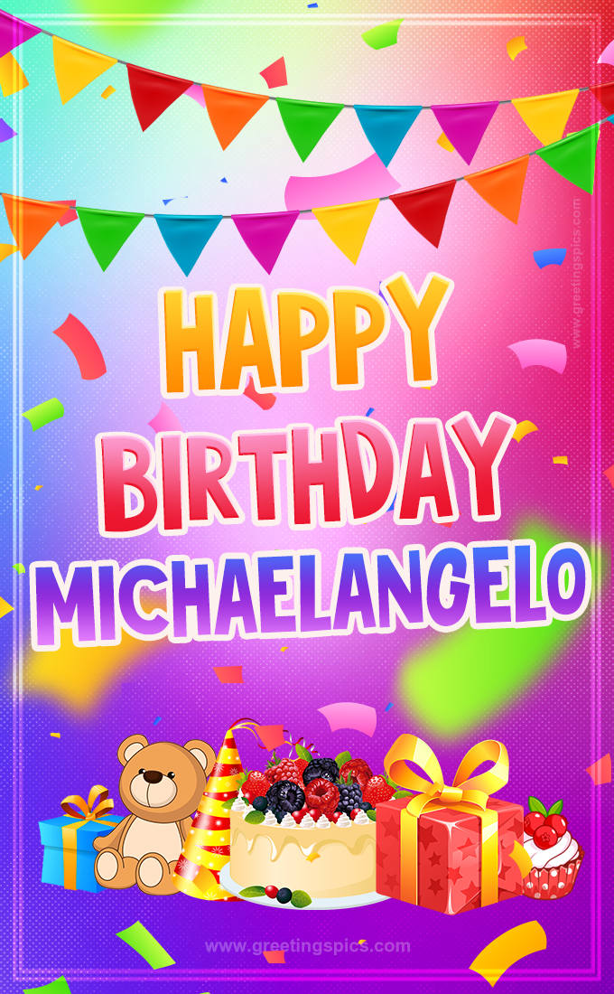 Bright card with Wishes for a Happy Birthday for Michaelangelo (tall rectangle shape picture)