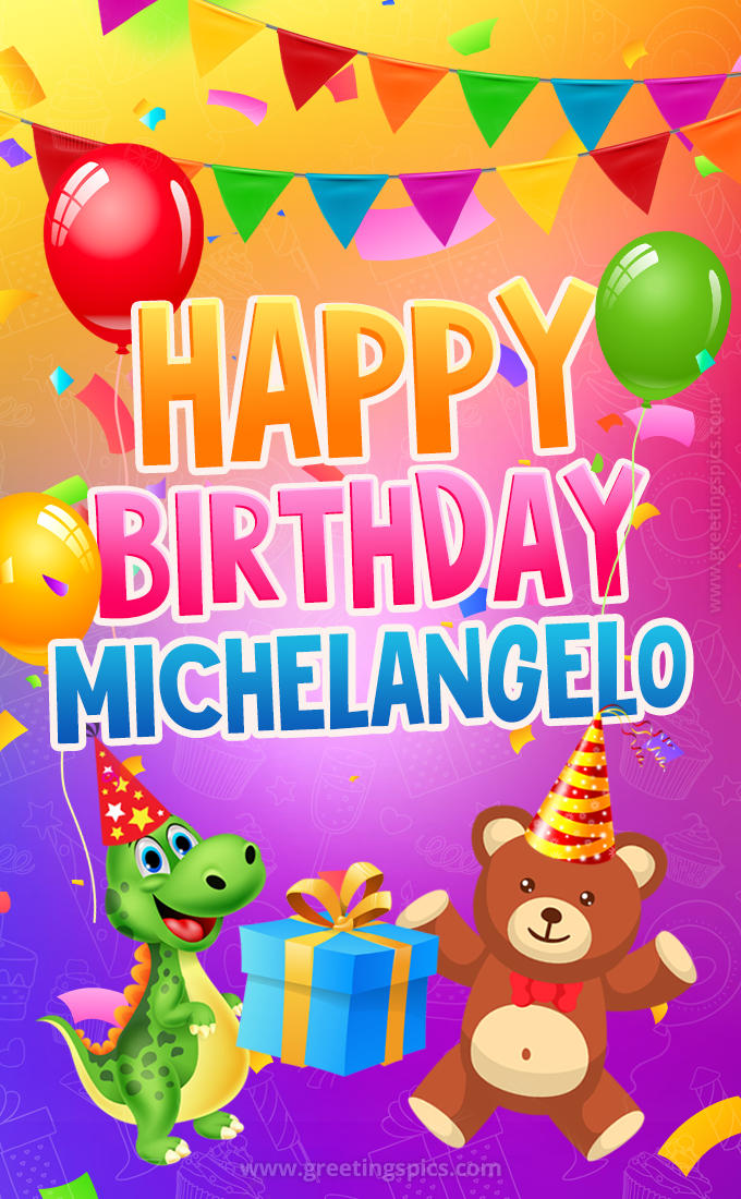 Happy Birthday Michelangelo Image for a child with cute baby dinosaur and bear (tall rectangle shape picture)