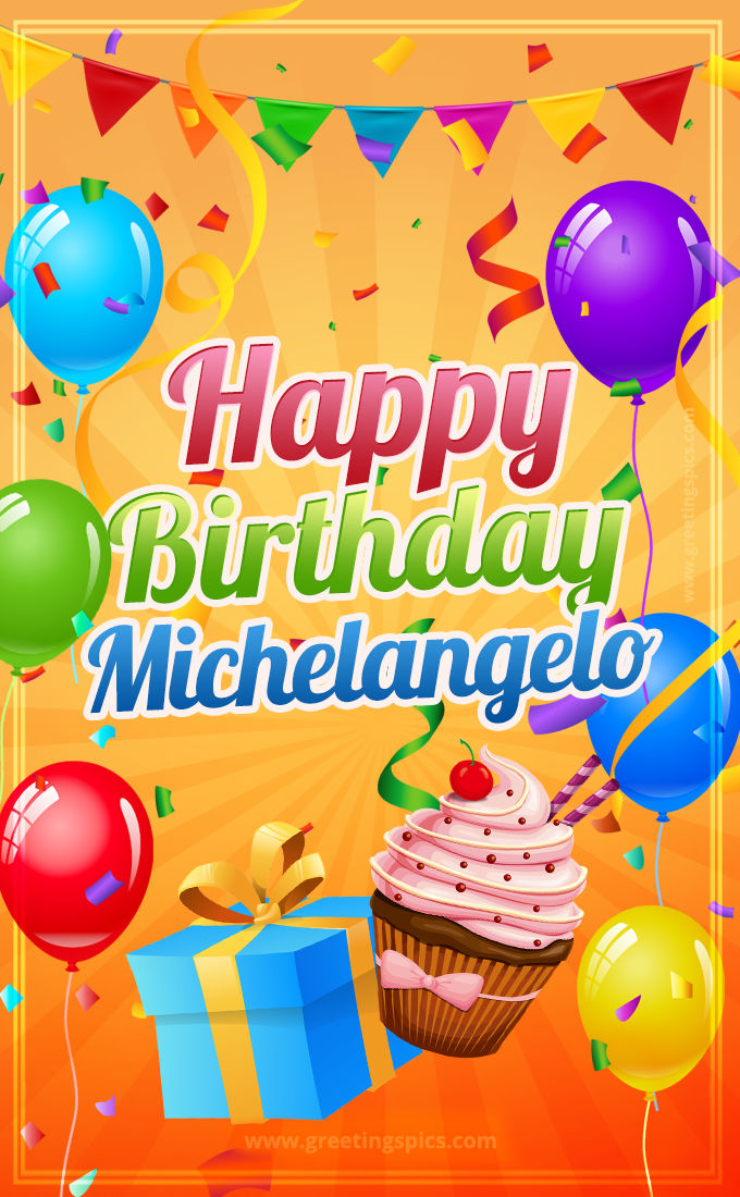 Happy Birthday Michelangelo eCard with gift box and cupcake (tall rectangle shape picture)