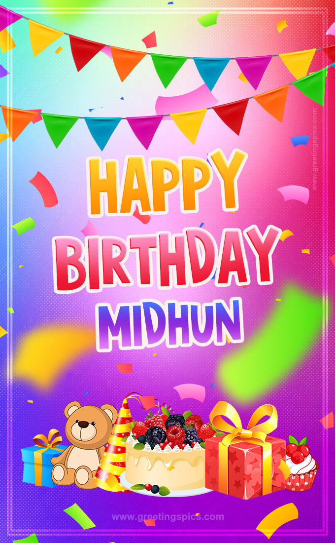 Bright card with Wishes for a Happy Birthday for Midhun (tall rectangle shape picture)