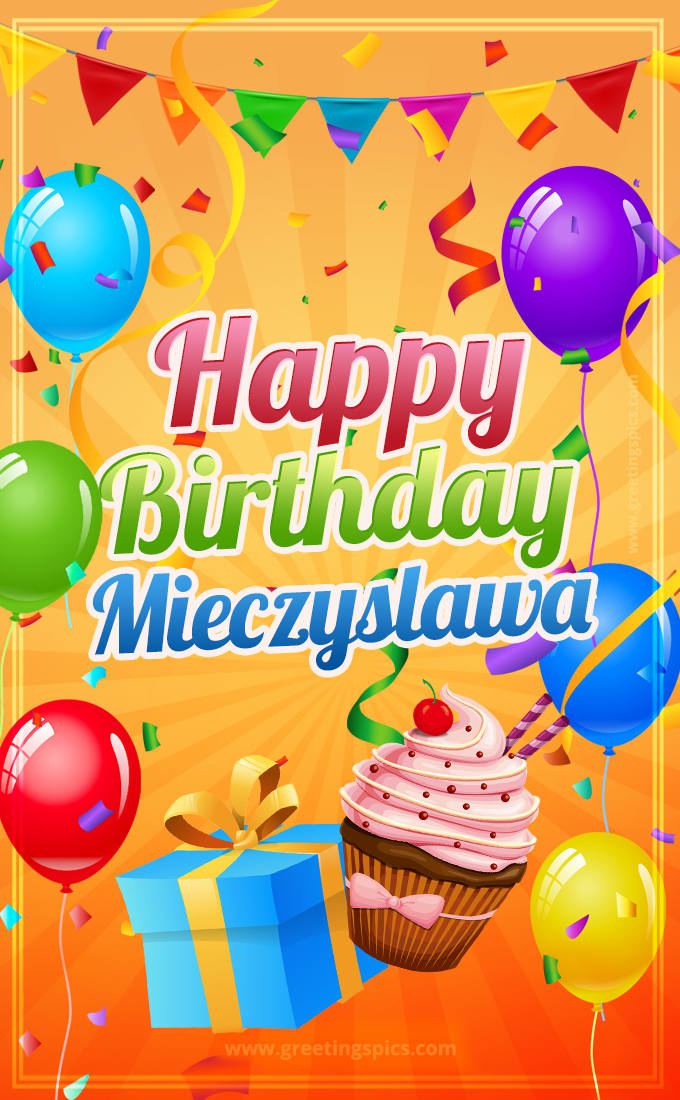 Happy Birthday Mieczyslawa eCard with gift box and cupcake (tall rectangle shape picture)