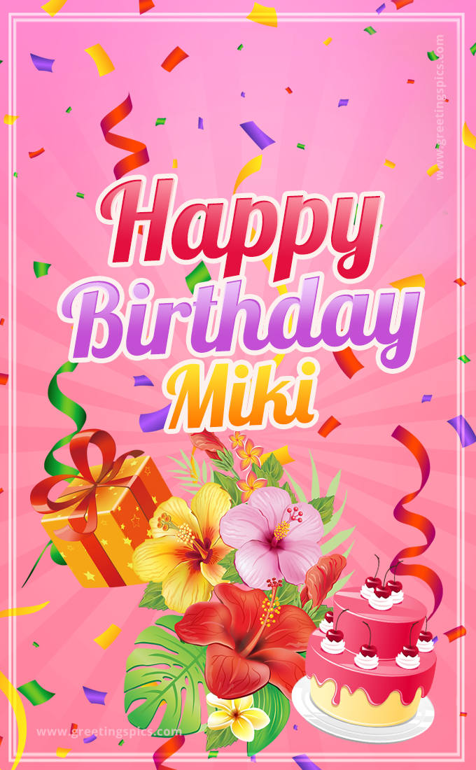 Beautiful Birthday Card for Miki with Cake and bouquet of flowers (tall rectangle shape picture)