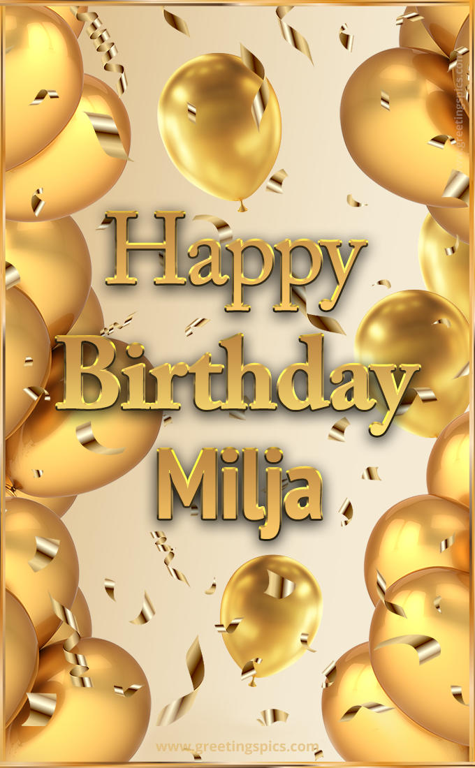 Happy Birthday Milja Card with golden confetti and balloons (tall rectangle shape picture)