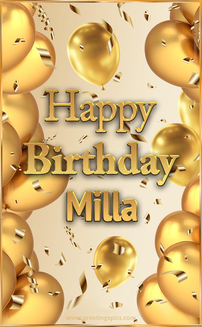 Happy Birthday Milla Card with golden confetti and balloons (tall rectangle shape picture)