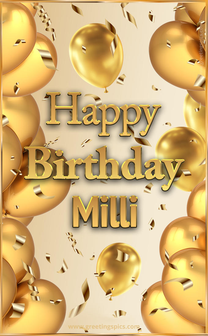 Happy Birthday Milli Card with golden confetti and balloons (tall rectangle shape picture)