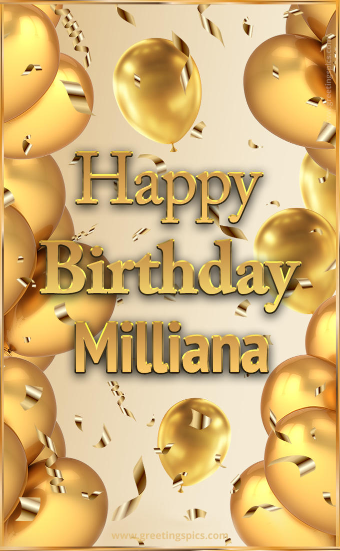 Happy Birthday Milliana Card with golden confetti and balloons (tall rectangle shape picture)