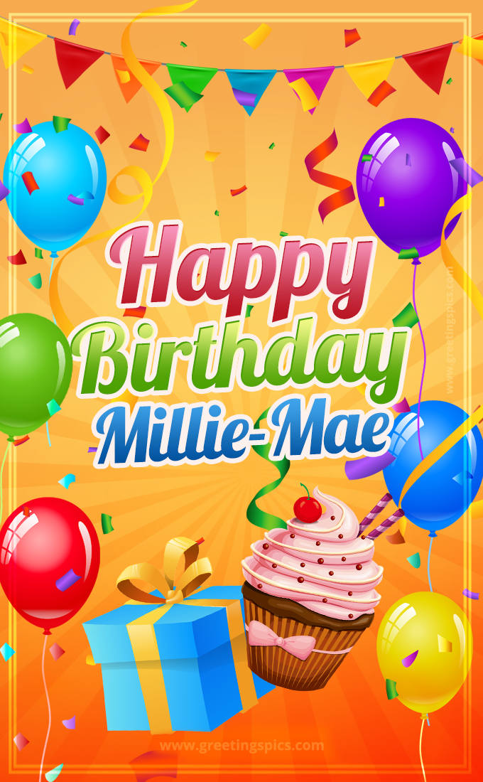 Happy Birthday Millie-Mae eCard with gift box and cupcake (tall rectangle shape picture)