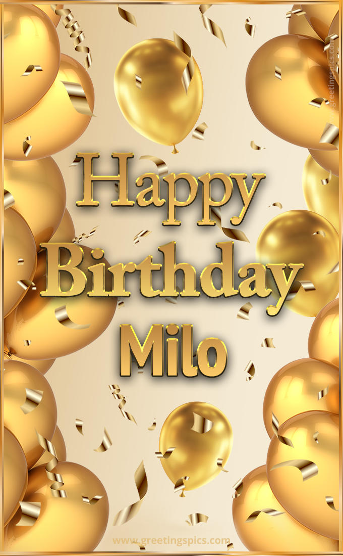 Happy Birthday Milo Card with golden confetti and balloons (tall rectangle shape picture)