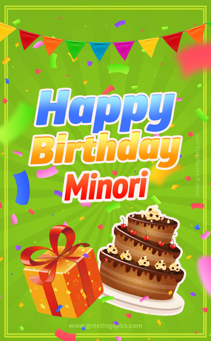 Happy Birthday Minori picture with flags, chocolate cake and gift box (tall rectangle shape picture)