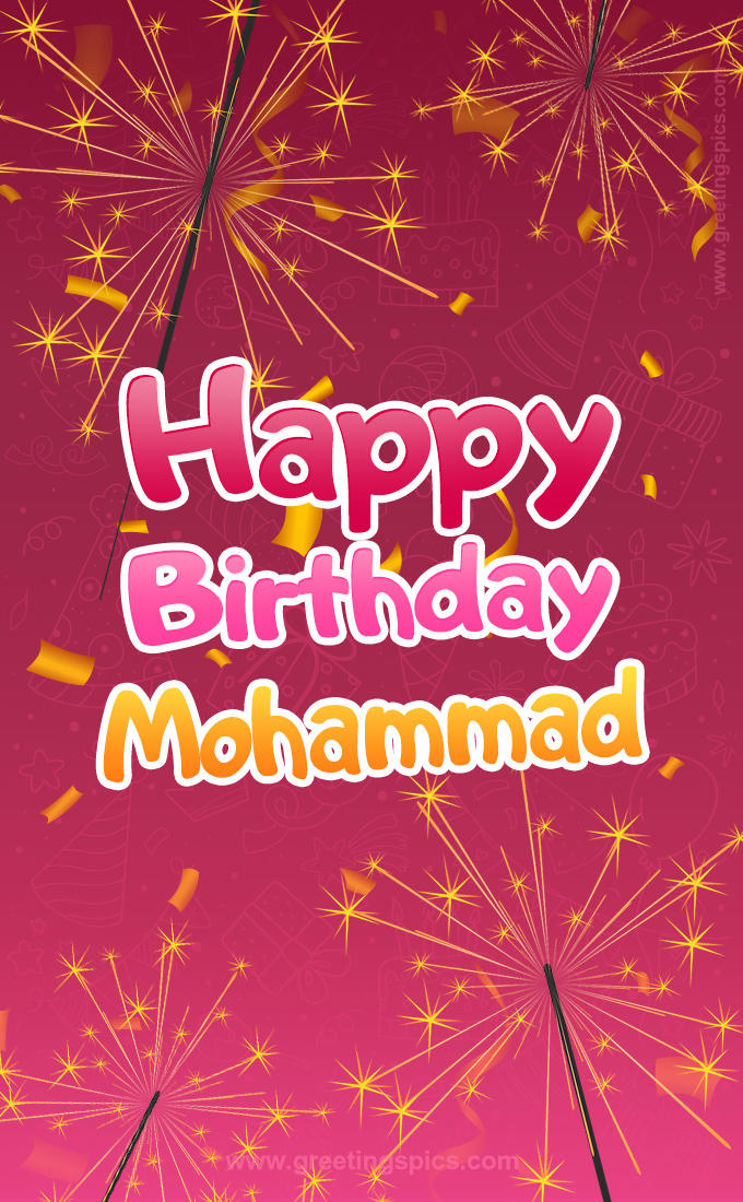 Happy Birthday Mohammad Image with sparklers (tall rectangle shape picture)