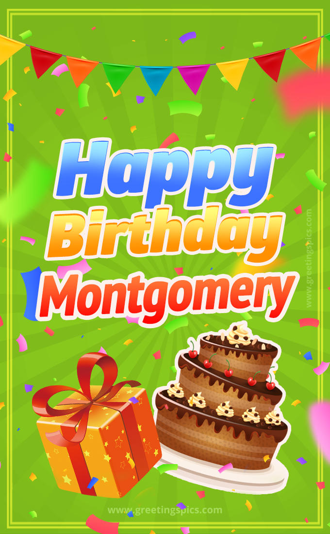 Happy Birthday Montgomery picture with flags, chocolate cake and gift box (tall rectangle shape picture)