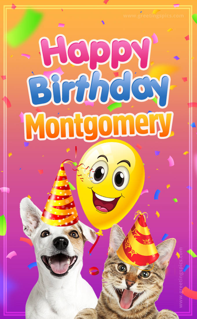 Happy Birthday Montgomery Funny Image with cat and dog (tall rectangle shape picture)