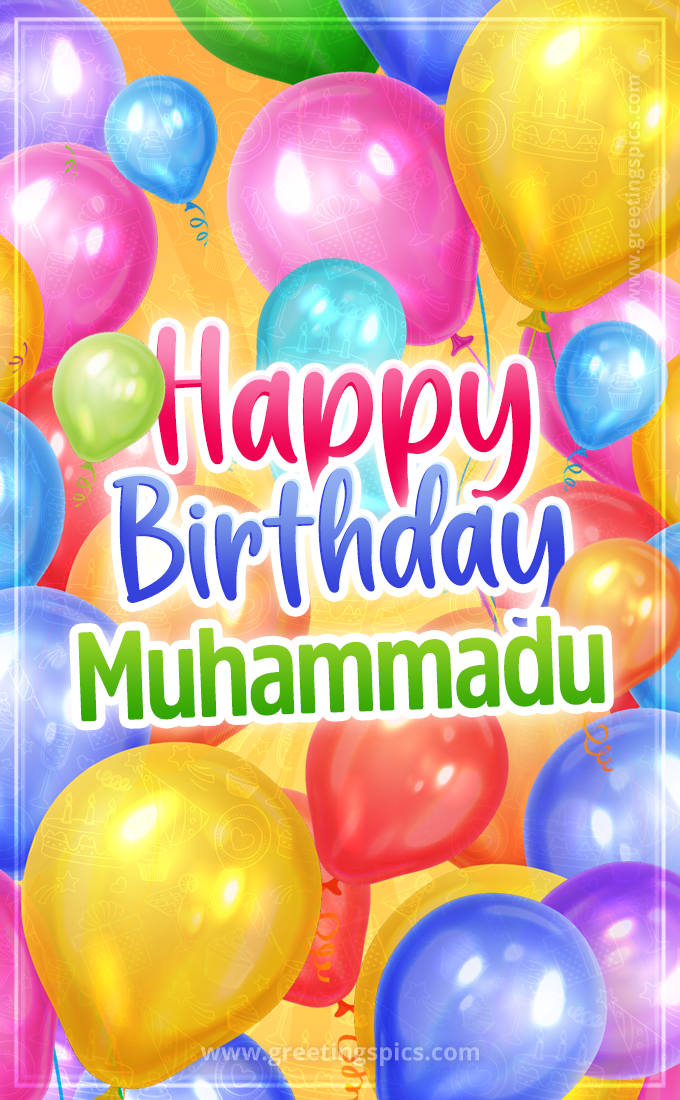 Happy Birthday Muhammadu Image with colorful balloons (tall rectangle shape picture)