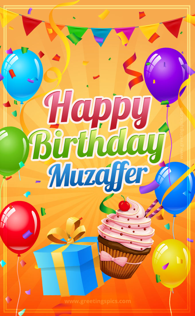 Happy Birthday Muzaffer eCard with gift box and cupcake (tall rectangle shape picture)