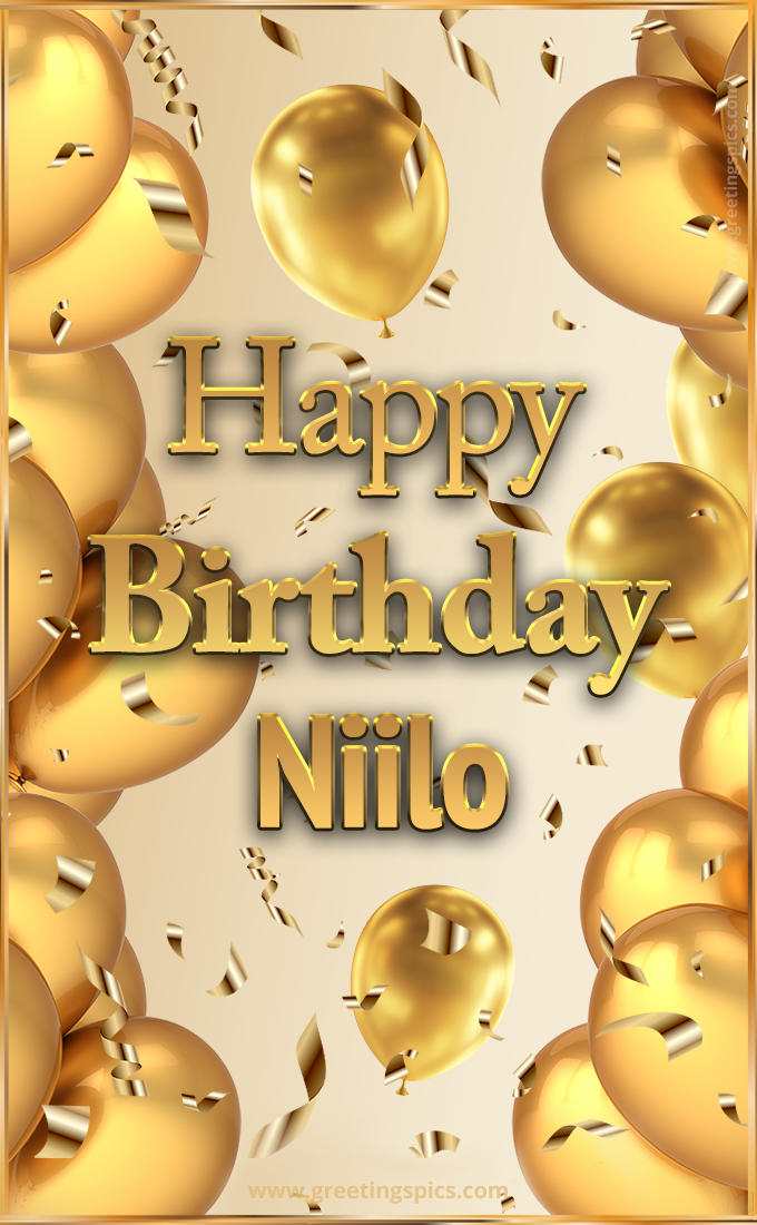 Happy Birthday Niilo Card with golden confetti and balloons (tall rectangle shape picture)