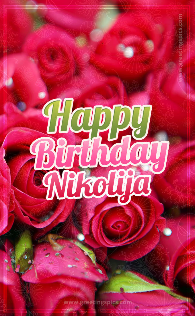 Happy Birthday Nikolija beautiful Image with red roses (tall rectangle shape picture)