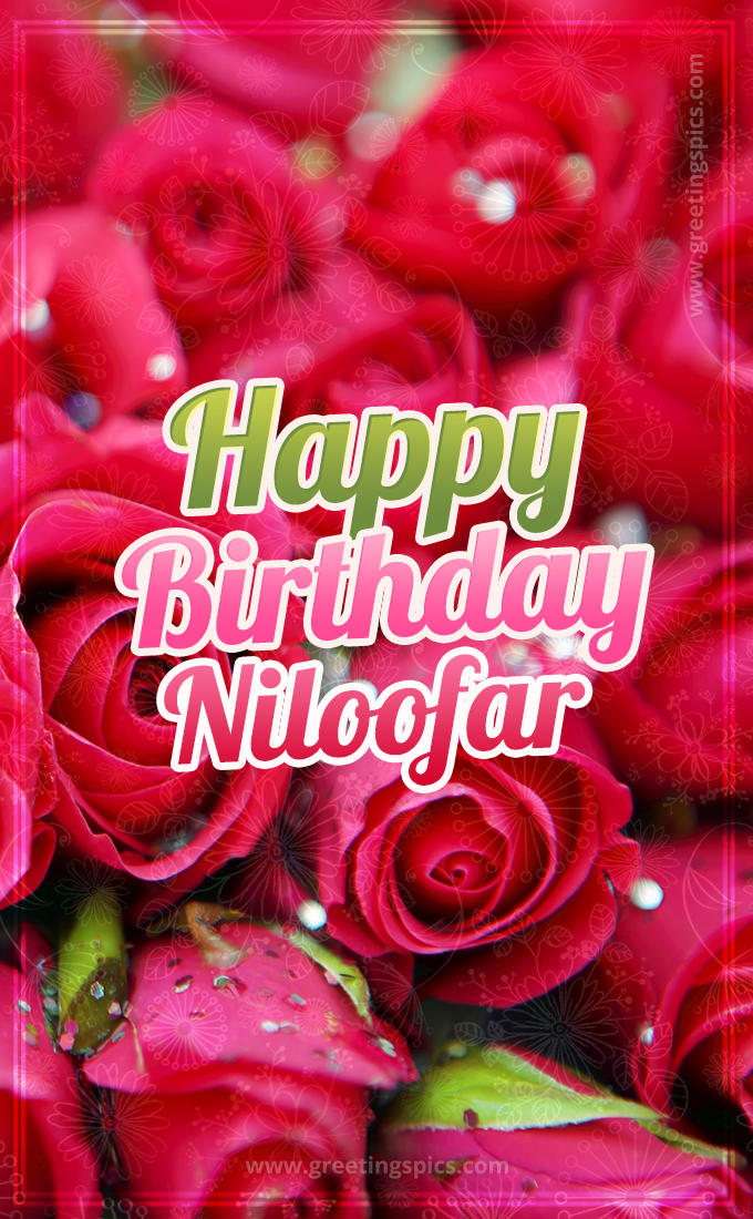 Happy Birthday Niloofar beautiful Image with red roses (tall rectangle shape picture)