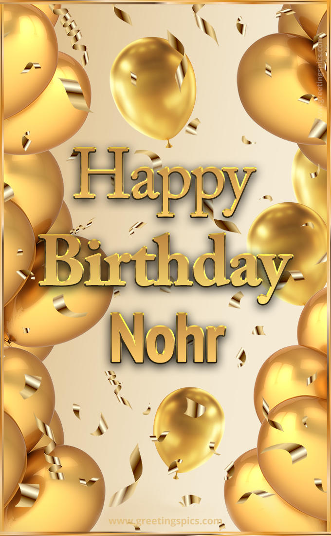 Happy Birthday Nohr Card with golden confetti and balloons (tall rectangle shape picture)