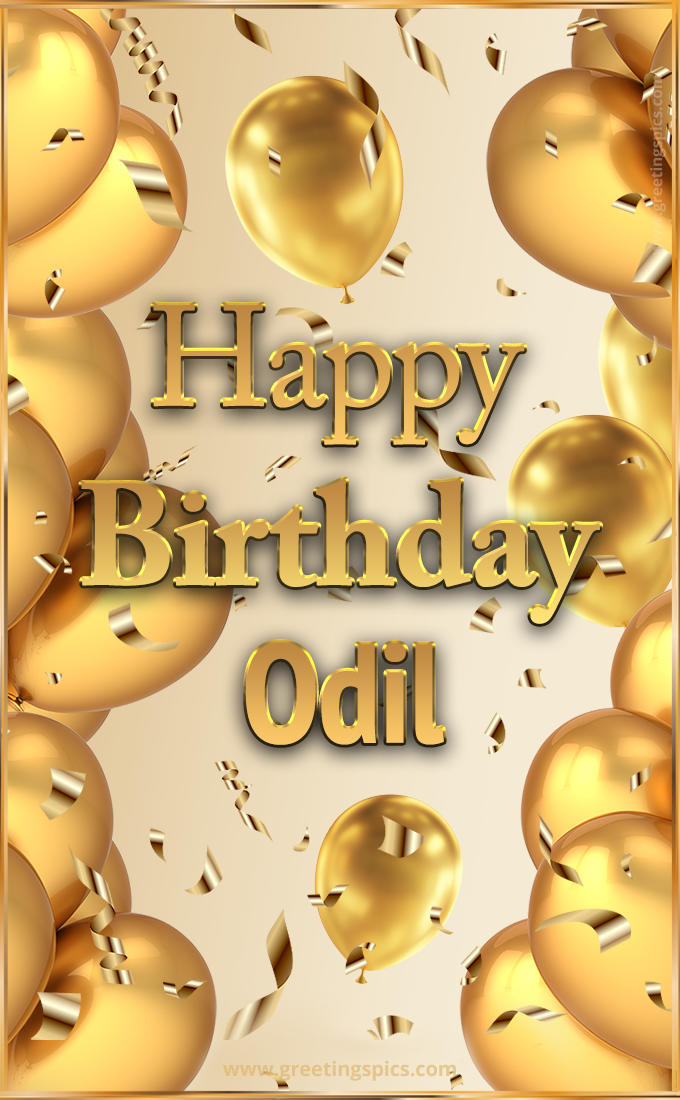 Happy Birthday Odil Card with golden confetti and balloons (tall rectangle shape picture)