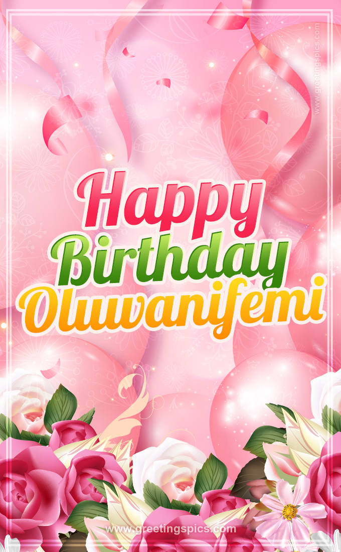 Image with gentle pink background and flowers Happy Birthday Oluwanifemi (tall rectangle shape picture)