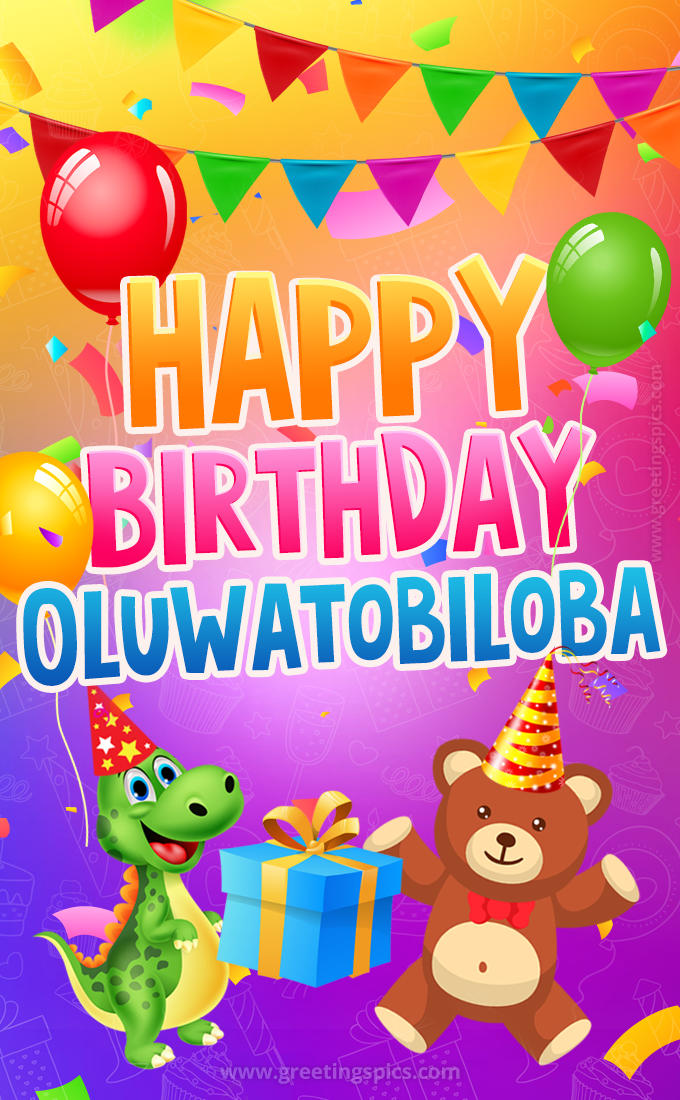 Happy Birthday Oluwatobiloba Image for a child with cute baby dinosaur and bear (tall rectangle shape picture)