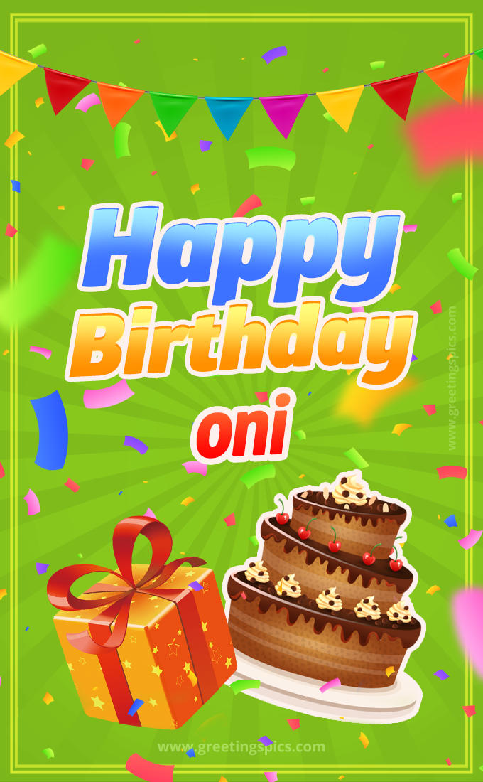 Happy Birthday Oni picture with flags, chocolate cake and gift box (tall rectangle shape picture)