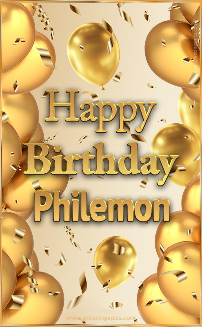 Happy Birthday Philemon Card with golden confetti and balloons (tall rectangle shape picture)