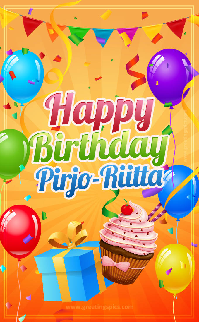 Happy Birthday Pirjo-Riitta eCard with gift box and cupcake (tall rectangle shape picture)