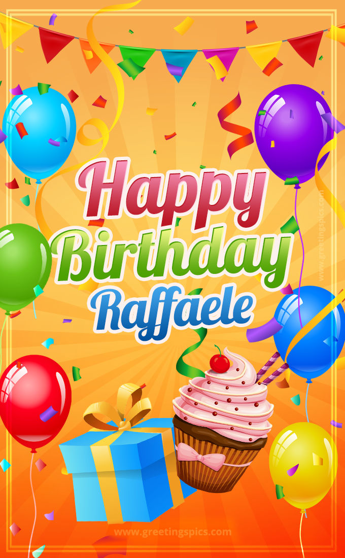 Happy Birthday Raffaele eCard with gift box and cupcake (tall rectangle shape picture)