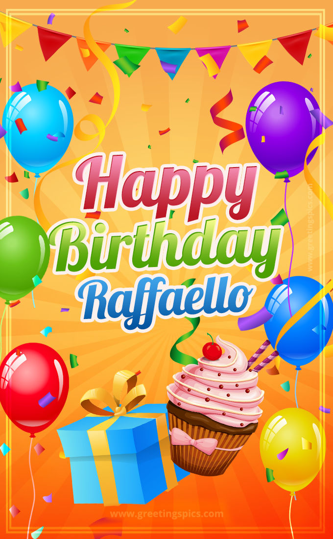 Happy Birthday Raffaello eCard with gift box and cupcake (tall rectangle shape picture)