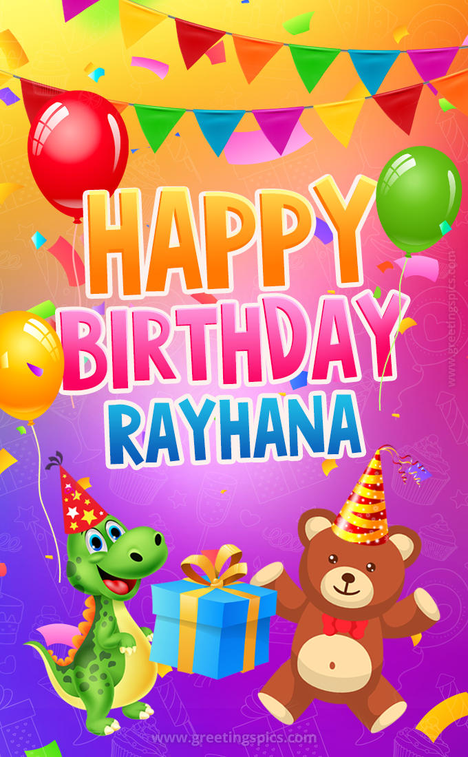 Happy Birthday Rayhana Image for a child with cute dinosaur and bear (tall rectangle shape picture)