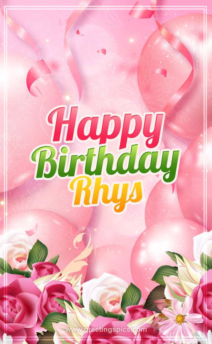 Image with gentle pink background and flowers Happy Birthday Rhys (tall rectangle shape picture)