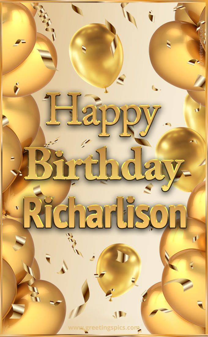 Happy Birthday Richarlison Card with golden confetti and balloons (tall rectangle shape picture)