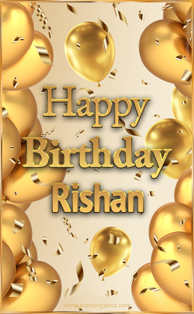 Happy Birthday Rishan Card with golden confetti and balloons (tall rectangle shape picture)