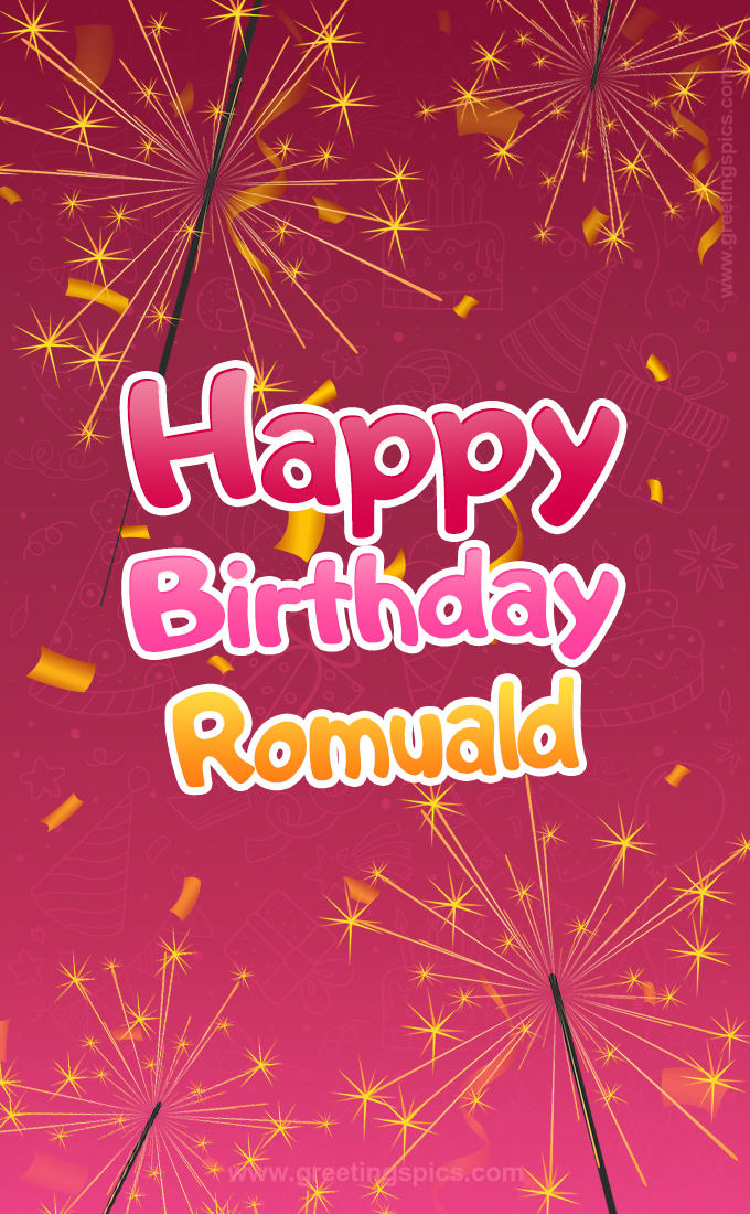 Happy Birthday Romuald Image with sparklers (tall rectangle shape picture)