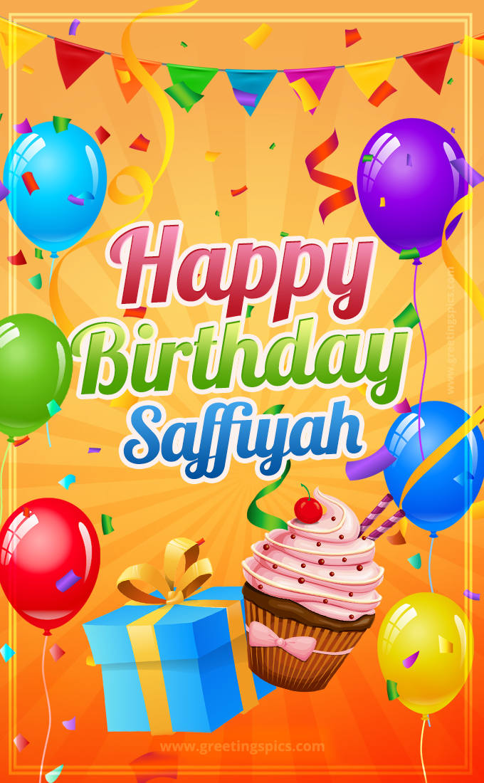 Happy Birthday Saffiyah eCard with gift box and cupcake (tall rectangle shape picture)