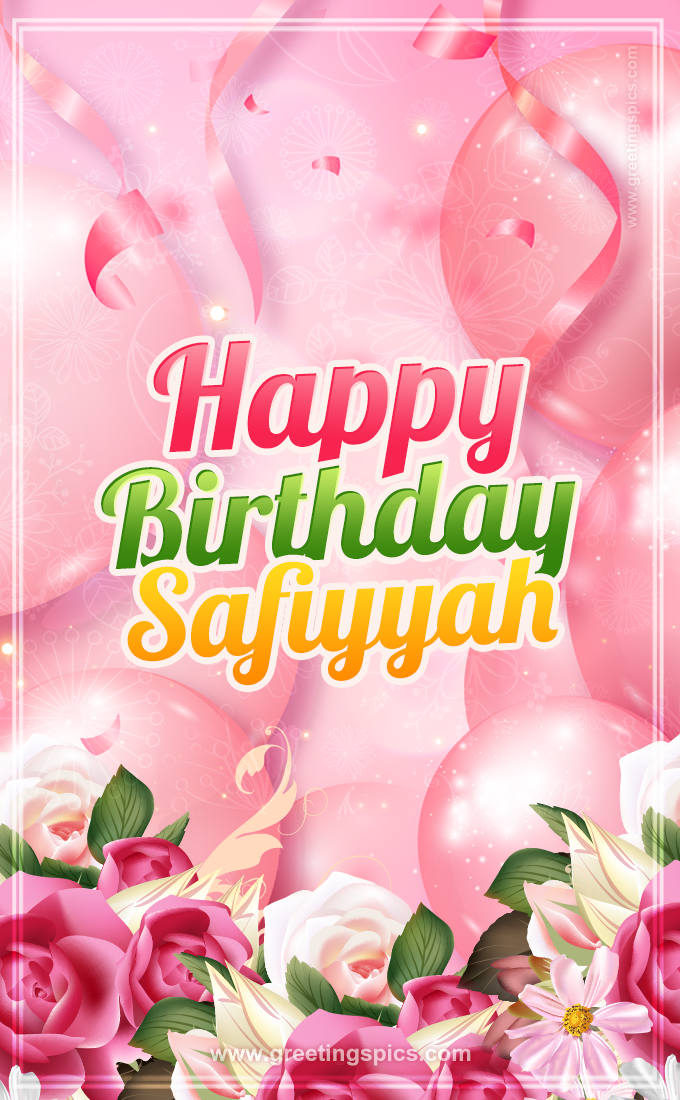 Image with gentle pink background and flowers Happy Birthday Safiyyah (tall rectangle shape picture)