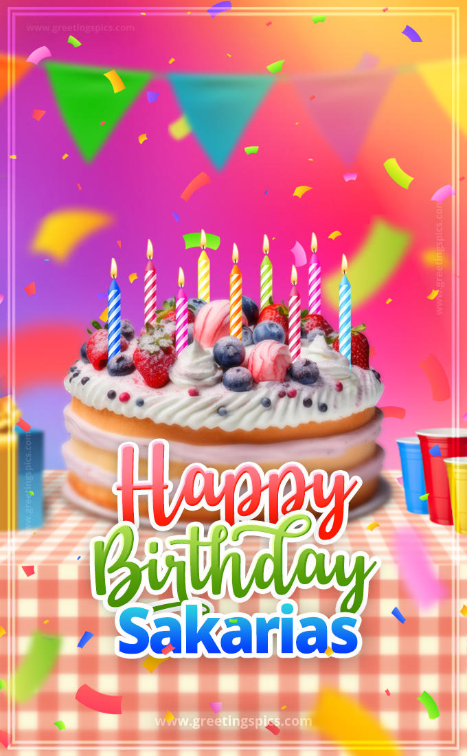 Happy Birthday Sakarias Colorful Image with fruit cake and candles (tall rectangle shape picture)