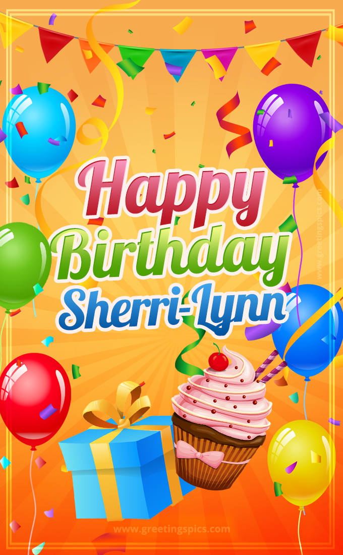 Happy Birthday Sherri-Lynn eCard with gift box and cupcake (tall rectangle shape picture)