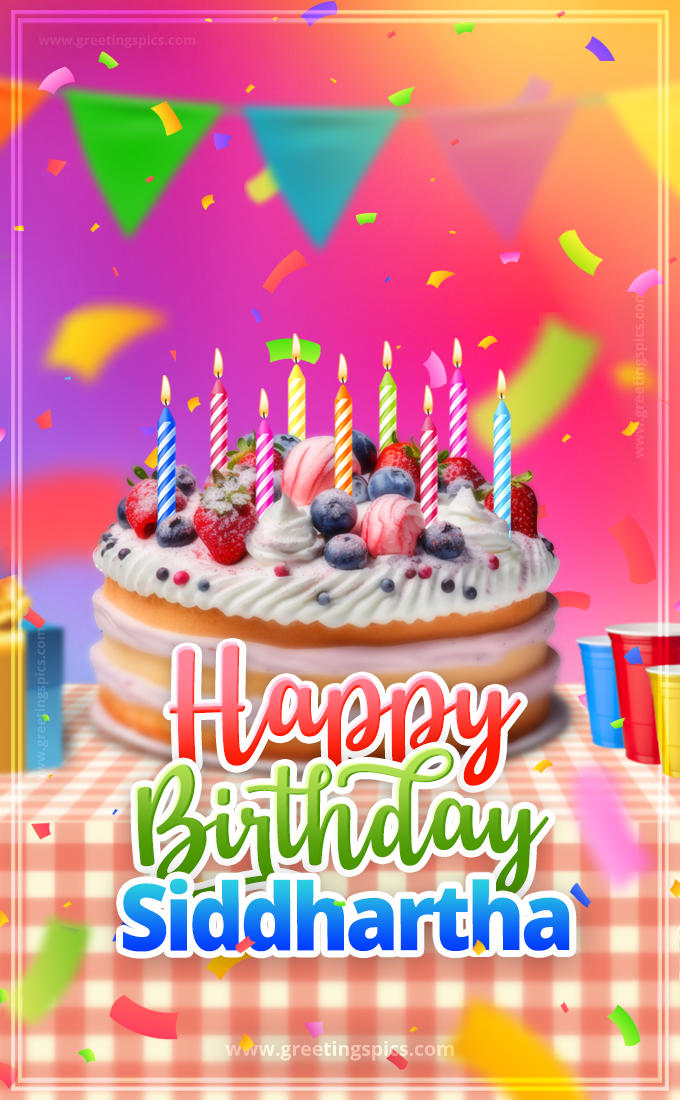 Happy Birthday Siddhartha Colorful Image with fruit cake and candles (tall rectangle shape picture)