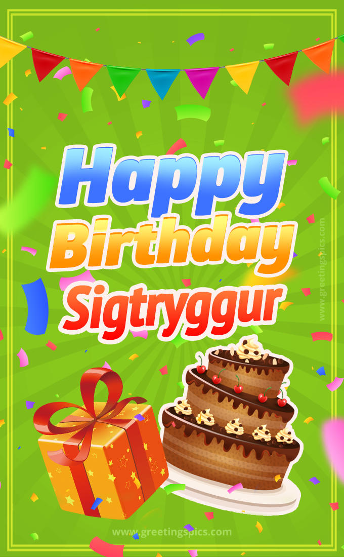 Happy Birthday Sigtryggur picture with flags, chocolate cake and gift box (tall rectangle shape picture)