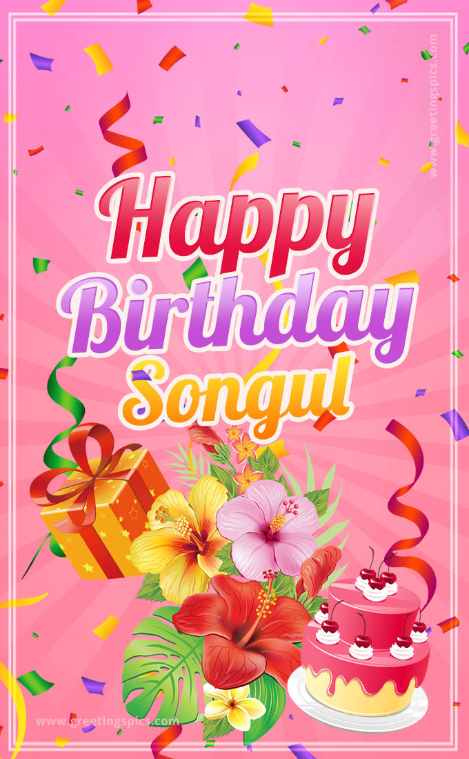 Beautiful Birthday Card for Songul with cake and bouquet of flowers (tall rectangle shape picture)