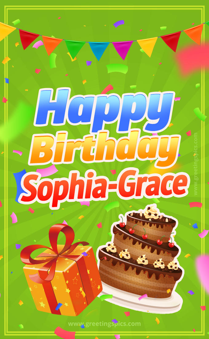 Happy Birthday Sophia-Grace picture with flags, chocolate cake and gift box (tall rectangle shape picture)