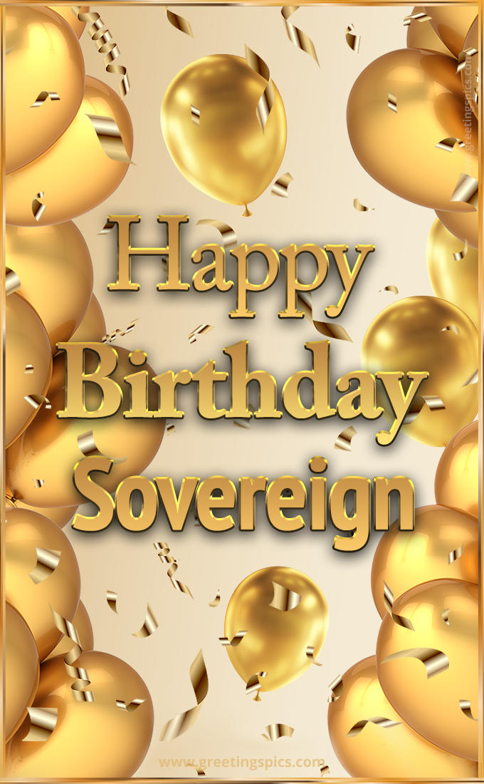 Happy Birthday Sovereign Card with golden confetti and balloons (tall rectangle shape picture)