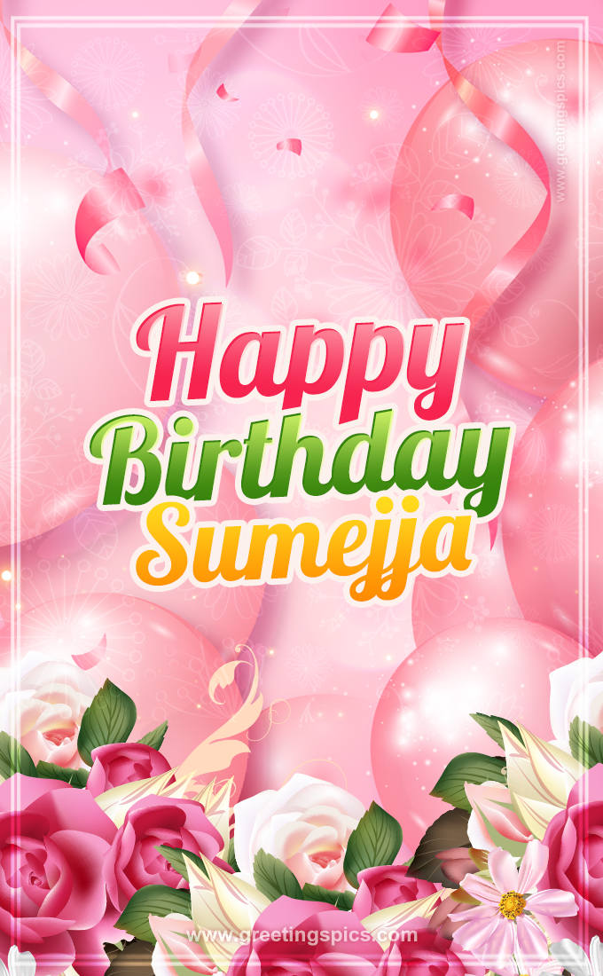 Image with gentle pink background and flowers Happy Birthday Sumejja (tall rectangle shape picture)