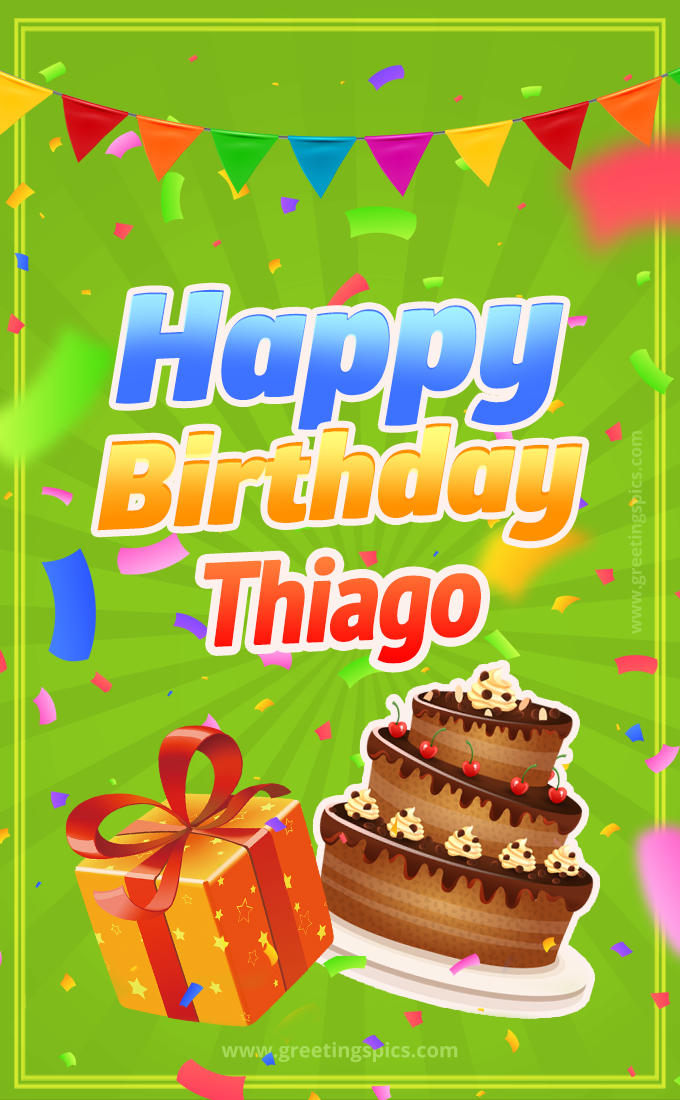 Happy Birthday Thiago picture with flags, chocolate cake and gift box (tall rectangle shape picture)